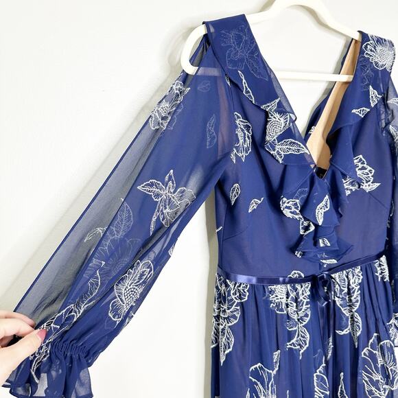 Marchesa Notte Floral Midi Dress Embroidered Long-Sleeve Tulle Navy Blue Size 6 - Picture 5 of 11
